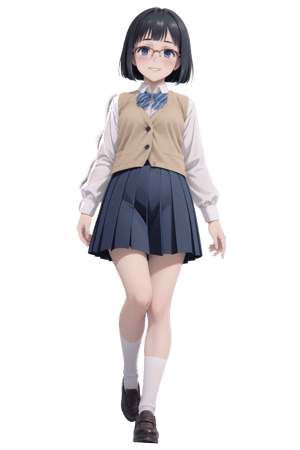 1girl, solo, Sasaki Setsuko, black hair that extends to below her ears, styled in a bob, blue eyes, wears glasses, Setsuko's outfits consist of her school uniform, beige-colored vest over a white long-sleeve shirt, diagonal striped tie, dark blue skirt, gray socks, light-colored shoes, shy smile, flushed cheek, masterpiece, unity 8k wallpaper, best quality, highres, ultra-detailed.