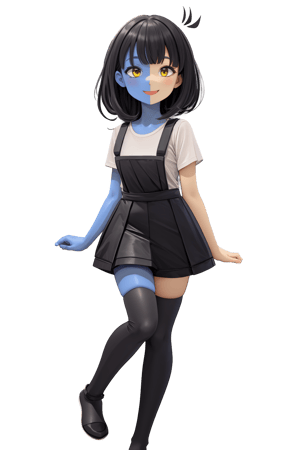 ENA (Joel G), 1girl, solo, split color body (blue on right, yellow on left), white t-shirt, black skirt with overall straps, black socks (thigh-high on right, ankle on left), grain effect on hair, perfect anatomy, better hands, smile, highres, ultra-detailed, masterpiece.