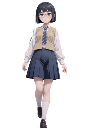 1girl, female_solo, Sasaki Setsuko, black hair that extends to below her ears, styled in a bob, blue eyes, wears glasses, Setsuko's outfits consist of her school uniform, beige-colored vest over a white long-sleeve shirt, diagonal striped tie, dark blue skirt, gray socks , light-colored shoes. masterpiece, unity 8k wallpaper, best quality, highres, ultra-detailed.