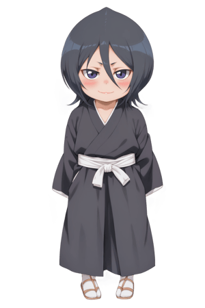 rukia kuchiki, defrka, black hair, black eyes, short hair, black robes, sash, wide sleeves, blush, flat chest, hands behind back, looking at viewer, naughty face, grim, little girl, young, infant body type, full body, best quality, detailed body.