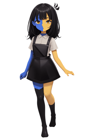 ENA (Joel G), 1girl, solo, split color body (blue on right, yellow on left), white t-shirt, black skirt with overall straps, black socks (thigh-high on right, ankle on left), grain effect on hair, perfect anatomy, better hands, highres, ultra-detailed, masterpiece.