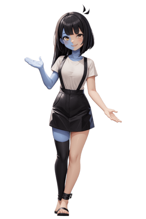 ENA (Joel G), 1girl, solo, split color body (blue on right, yellow on left), white t-shirt, black skirt with overall straps, black socks (thigh-high on right, ankle on left), grain effect on hair, perfect anatomy, better hands, smile, highres, ultra-detailed, masterpiece.,(masterpiece),scenery