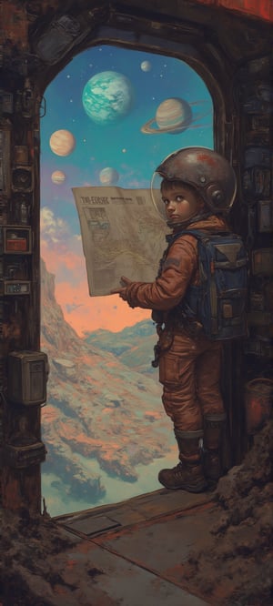 A young explorer is wearing a light space suit, carrying an equipment backpack, and standing at the door of the spacecraft cabin holding a star map, preparing to embark on a journey to an unknown planet; the background is a strange and beautiful alien landscape, and the sky is full of stars and planets. The overall atmosphere is both mysterious and hopeful.