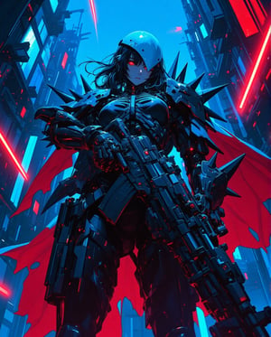 blue and red contrast lighting, dynamic viewpoint, dynamic angle, 1girl wearing death themed powered armor with a faceless white visor, ribcage style cuirass, spiked pauldrons, holding a futuristic rifle, ((cyberpunk industrial complex background))