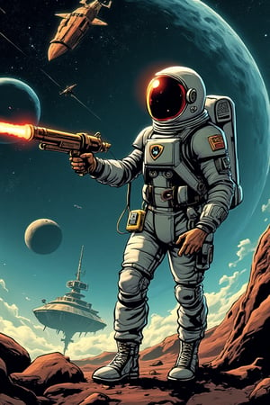 comic book art, a handsome male astronaut wearing sleek modern spacesuit holding a retro laser pistol on (A massive, ancient spaceship floating derelict in deep space.), retro sci-fi style, dynamic lighting, digital art, cinematic shot, fantastically beautiful, illustration, aesthetically inspired by classic sci-fi movies, by Paul Lehr by Jon Whitcomb, samdoesart, dreamlikeart.