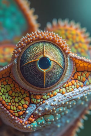 Macro shot of a chameleon's eye, extreme close-up view, sharp focus on the intricate details of the reptile's eye, including the pupil and surrounding scales. The eye is vibrant and colorful, reflecting the chameleon's ability to change color. The background is slightly blurred to emphasize the subject. Natural lighting, with soft shadows enhancing the texture. The chameleon is stationary, blending seamlessly with its environment.