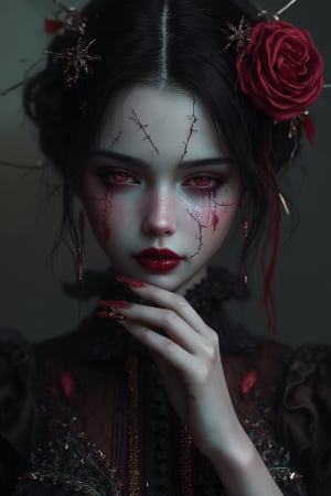 portrait, a beautiful girl, cracked makeup face with needle stitches, red + purple and white, wearing sharp and creepy French gothic gown, gloomy atmosphere, photography