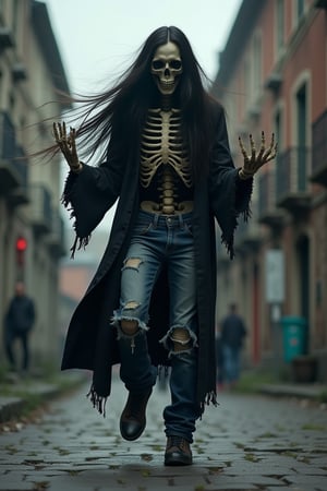 Skeleton,long hair top floating, wearing a black metal robe style with ripped jeans, boots, doing breakdance style, scary and old city atmosphere creepy,
 