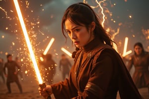 An angry female Sith Lord with a fiery demonic aura unleashes an intense offensive lightsaber strike through a stormy battlefield at dusk. The scene is captured from a low-angle shot, highlighting the ferocity in her glowing eyes. Flashing lightning creates dramatic shadows on the Sith Lord's armor, with sparks emphasizing the power of her attack. The background features blurred silhouettes of opposing warriors, all blurred to accentuate the Sith Lord's movement. The dark, thunderous sky enhances the overall menacing atmosphere.
(1.6-1) dS = δQ_rev T::0.8 Sith Lord::0.2 Demonic Aura --s Cinematic Epic.,Magicallights,divinelights,Lightsaberpose,Enhanced all