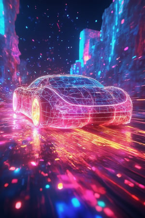 A futuristic racecar made of neon glowing wireframes with a completely hollow void at its center, speeding through an otherworldly canyon with glowing crystalline walls. The wireframe pulses in vibrant rainbow hues, shifting and bending with the car's velocity. As it zooms forward, it leaves behind spiraling trails of luminescent particles that distort the space around it. The void body absorbs all light, creating a surreal contrast to the vibrant glowing frame, while distant floating islands and alien constellations shimmer in the neon haze, amplifying the energy of the scene.,Gambit,cloudy,Neonwireframe