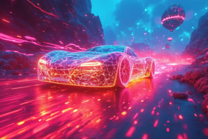 A futuristic racecar made of neon glowing wireframes with a completely hollow void at its center, speeding through an otherworldly canyon with glowing crystalline walls. The wireframe pulses in vibrant rainbow hues, shifting and bending with the car's velocity. As it zooms forward, it leaves behind spiraling trails of luminescent particles that distort the space around it. The void body absorbs all light, creating a surreal contrast to the vibrant glowing frame, while distant floating islands and alien constellations shimmer in the neon haze, amplifying the energy of the scene.,Gambit,cloudy,Neonwireframe