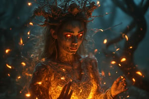 Generate hyper realistic image of a dark, haunting woman with macabre and mystical features. Her face is eerie and skeletal, covered in intricate patterns that resemble roots and vines, giving it a decaying, earthy appearance. Her eyes glow a bright, fiery orange. She is wearing crown-like headpiece made of twisted branches and skulls. The branches fan out from her head, some of them resembling gnarled tree roots, while numerous skulls are embedded within the design. Her clothing is dark and lacy, resembling an ancient, decayed wedding dress. The delicate lace details are contrasted by the rough, bark-like textures that blend into her skin. Her hands are elongated and bony, with sharp, claw-like fingers. Her body is mostly obscured by her dark clothing and the glowing energy she manipulates. The background is dark and shrouded in mist, with faint outlines of twisted trees and decaying branches.,Magicallights,divinelights