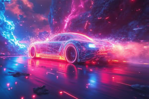 A futuristic racecar made of neon glowing wireframes with a completely hollow void at its center, speeding through an otherworldly canyon with glowing crystalline walls. The wireframe pulses in vibrant rainbow hues, shifting and bending with the car's velocity. As it zooms forward, it leaves behind spiraling trails of luminescent particles that distort the space around it. The void body absorbs all light, creating a surreal contrast to the vibrant glowing frame, while distant floating islands and alien constellations shimmer in the neon haze, amplifying the energy of the scene.,Gambit,cloudy,Neonwireframe