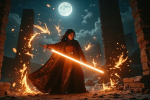 A furious female Sith Lord with a swirling demonic aura performs an intense offensive lightsaber strike through ancient temple ruins at midnight. The scene is captured from an over-the-shoulder angle, highlighting the intricate designs on her cloak. Moonlight creates an eerie glow on the Sith Lord's blade, with shadows emphasizing her ominous presence. The background features crumbling pillars and drifting mist, all blurred to accentuate the Sith Lord's movement. The star-filled night sky enhances the overall mystical atmosphere.
(1.6-1) dS = δQ_rev T::0.7 Sith Lord::0.3 Temple Ruins --s Dark Fantasy,Magicallights,divinelights,Lightsaberpose,Enhanced all