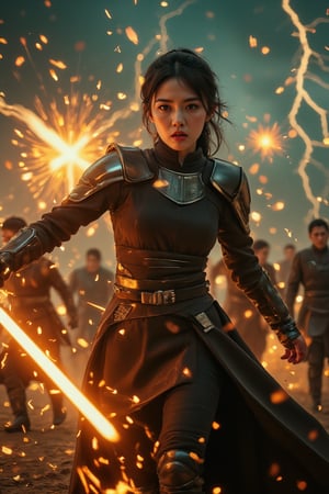 An angry female Sith Lord with a fiery demonic aura unleashes an intense offensive lightsaber strike through a stormy battlefield at dusk. The scene is captured from a low-angle shot, highlighting the ferocity in her glowing eyes. Flashing lightning creates dramatic shadows on the Sith Lord's armor, with sparks emphasizing the power of her attack. The background features blurred silhouettes of opposing warriors, all blurred to accentuate the Sith Lord's movement. The dark, thunderous sky enhances the overall menacing atmosphere.
(1.6-1) dS = δQ_rev T::0.8 Sith Lord::0.2 Demonic Aura --s Cinematic Epic.,Magicallights,divinelights,Lightsaberpose,Enhanced all