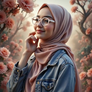 create an image of a woman wearing a beautiful on point hijab, wearing a jeans jacket, dimples, smiling, white glasses,one handa under the chin background at the beautiful fantasy garden