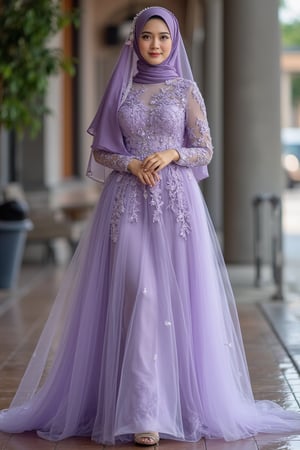 
create an image of a beautiful woman wearing a purple bridal muslimah lace weeding dress, high heels, cutting body,wearing a hijab,veil, beautiful face, soft make up, standing while holding a rose, smiling face, photography shoot