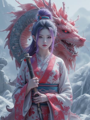 create an image 3D, of a woman wearing a kimono, holding a samurai, knot top tied hair style, highlight purple color hair,behind the woman has a red dragon, fangs, red eyes, the background is near snow, there are mountains,hd,8k