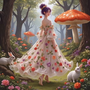 create a woman wearing a long, flowery dress, high heels, knoptop tied hair style, ombre purple highlight hair color, standing in a fantasy garden, there are trees, large mushroom, has a rabbit, ,,overlapping with the image, there is a vector illustration of the same person with same outfit