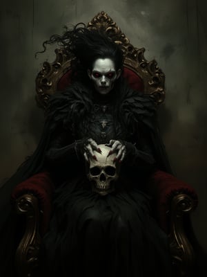 create an image 3D,of a woman ghost wearing a gothic dress, messy long hair, red eyes, a creepy face, long red nails, sitting on a king chair, scarry, creepy face, with torn on the cheek, while holding the skull head, spooky room, UHD, HDR, photography, close up shot, 8k