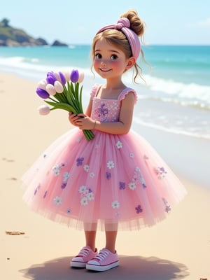 create an image of a 4-year-old beautiful girl wearing a flowery ball gown, sneakers, knot top tied hair style, a scarf on her head, holding purple and white tulips, smiling, dimples, background near the beach