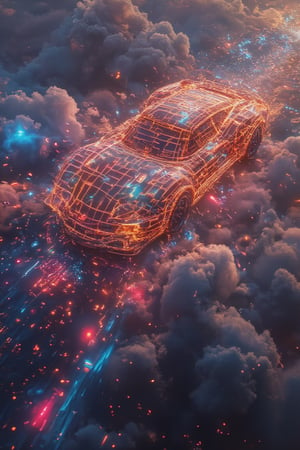 An ethereal racecar constructed from glowing neon wireframes with a void body, racing across a liquid glass track suspended in the clouds. The wireframe structure pulses with holographic light, refracting rainbows across the transparent road as it carves through the mist. The void body consumes all light, creating a striking contrast against the radiant wireframe. Floating cities made of translucent crystals surround the scene, casting refracted light that dances in harmony with the neon car. Clouds swirl beneath the track, adding a dreamlike, otherworldly quality to the high-speed chase,Gambit,Neonwireframe,distopi