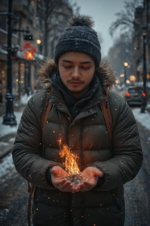 Ryu in everyday clothes is warming his hands over a small flame through a snow-covered street at dusk. The scene is captured from a front-facing angle, highlighting his contented expression. The cool lighting creates a gentle contrast, with the flame's warmth emphasizing the scene. The background features softly falling snow and dimly lit street lamps, all blurred to accentuate Ryu's presence. The gray sky enhances the overall peaceful atmosphere., cip4rf,Magicallights,divinelights,Midjourney_Whisper