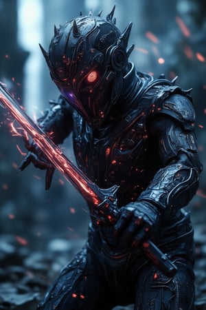 A gothic cyberpunk digital illustration of a cybersuit warrior with intricate black armor, wielding a black glowing cybersword in a dynamic slashing motion. The warrior's armor is adorned with dark, gothic motifs and glowing runes, reflecting dim red and dark purple neon lights. The cybersword emits a shadowy glow, leaving a trail of dark energy as it slices forward. The background features a misty, futuristic cityscape with towering spires and holographic projections. The scene is shrouded in a moody atmosphere, with low ambient light and swirling mist, creating a sense of tension and power, Flame,GothicGrace,cinematic,FluxBoost