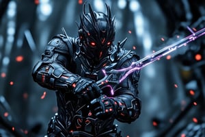 A gothic cyberpunk digital illustration of a cybersuit warrior with intricate black armor, wielding a black glowing cybersword in a dynamic slashing motion. The warrior's armor is adorned with dark, gothic motifs and glowing runes, reflecting dim red and dark purple neon lights. The cybersword emits a shadowy glow, leaving a trail of dark energy as it slices forward. The background features a misty, futuristic cityscape with towering spires and holographic projections. The scene is shrouded in a moody atmosphere, with low ambient light and swirling mist, creating a sense of tension and power, Flame,GothicGrace,cinematic dramatic color style