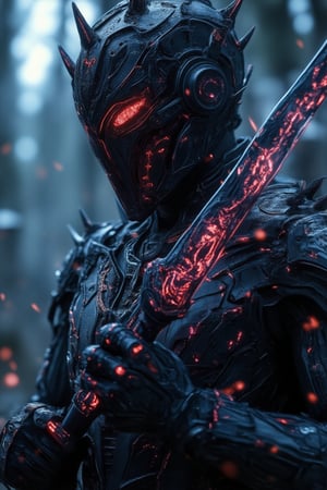 A gothic cyberpunk digital illustration of a cybersuit warrior with intricate black armor, wielding a black glowing cybersword in a dynamic slashing motion. The warrior's armor is adorned with dark, gothic motifs and glowing runes, reflecting dim red and dark purple neon lights. The cybersword emits a shadowy glow, leaving a trail of dark energy as it slices forward. The background features a misty, futuristic cityscape with towering spires and holographic projections. The scene is shrouded in a moody atmosphere, with low ambient light and swirling mist, creating a sense of tension and power, Flame,GothicGrace,cinematic,FluxBoost