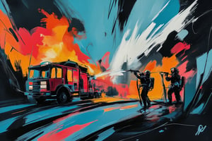 A dynamic brushstroke art capturing the dramatic scene of a fire brigade executing a rescue mission, spraying water from a large hose towards a burning residential house. The fire brigade is painted with expressive, bold strokes, emphasizing their urgency and bravery. The house is engulfed in flames, with vivid reds, oranges, and black smoke swirling upwards. The water from the hose arcs through the air, depicted with flowing blue and white strokes, contrasting the intense heat of the fire. The scene is set against a darkened, smoke-filled sky, with the brushstrokes adding a sense of motion and chaos, highlighting the tension and heroism of the moment.,Sliced Prism-Pop,DreamweaverLumina,CosmicBrushstrokes