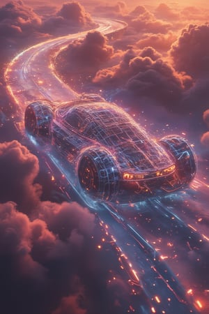 An ethereal racecar constructed from glowing neon wireframes with a void body, racing across a liquid glass track suspended in the clouds. The wireframe structure pulses with holographic light, refracting rainbows across the transparent road as it carves through the mist. The void body consumes all light, creating a striking contrast against the radiant wireframe. Floating cities made of translucent crystals surround the scene, casting refracted light that dances in harmony with the neon car. Clouds swirl beneath the track, adding a dreamlike, otherworldly quality to the high-speed chase,Gambit,Neonwireframe,distopi