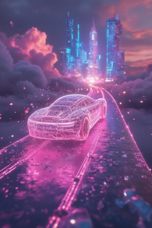 An ethereal racecar constructed from glowing neon wireframes with a void body, racing across a liquid glass track suspended in the clouds. The wireframe structure pulses with holographic light, refracting rainbows across the transparent road as it carves through the mist. The void body consumes all light, creating a striking contrast against the radiant wireframe. Floating cities made of translucent crystals surround the scene, casting refracted light that dances in harmony with the neon car. Clouds swirl beneath the track, adding a dreamlike, otherworldly quality to the high-speed chase,Gambit,Neonwireframe,distopi