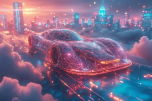 An ethereal racecar constructed from glowing neon wireframes with a void body, racing across a liquid glass track suspended in the clouds. The wireframe structure pulses with holographic light, refracting rainbows across the transparent road as it carves through the mist. The void body consumes all light, creating a striking contrast against the radiant wireframe. Floating cities made of translucent crystals surround the scene, casting refracted light that dances in harmony with the neon car. Clouds swirl beneath the track, adding a dreamlike, otherworldly quality to the high-speed chase,Gambit,Neonwireframe,distopi