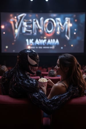 A romantic realism render of Venom seated in a TGV Cinema theater, happily watching the 'VENOM' movie on the big screen with his beautiful girlfriend. Venom has his arm around her shoulders, sharing a tender moment, both smiling and enjoying popcorn together. The screen’s soft glow lights up their faces, capturing their happiness in the cozy, dimly lit atmosphere of the theater. The scene is warm and inviting, with subtle details on Venom’s organic textures, their hands reaching into the popcorn bucket, and a relaxed, affectionate ambiance that makes the moment feel magical,cinematic dramatic color style,text title style,AuraEcha