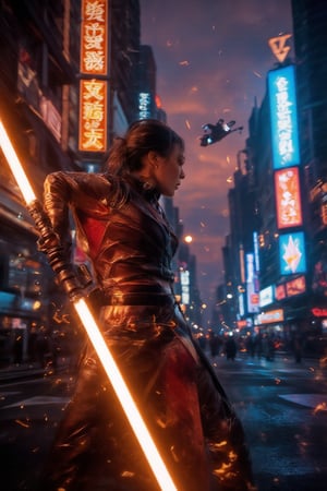 A seething female Sith Lord with an intense demonic aura launches an offensive lightsaber strike through a futuristic cityscape at twilight. The scene is captured from a side angle, highlighting the neon lights reflecting off her armor. Urban lighting creates vivid glows on the Sith Lord's lightsaber, with holographic billboards emphasizing the high-tech setting. The background features towering skyscrapers and flying vehicles, all blurred to accentuate the Sith Lord's movement. The glowing skyline enhances the overall sci-fi atmosphere, cip4rf,Magicallights,divinelights,Midjourney_Whisper,Neonwireframe,Lightsaberpose