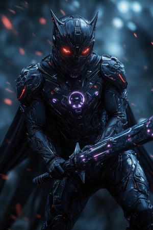 A gothic cyberpunk digital illustration of a cybersuit warrior with intricate black armor, wielding a black glowing cybersword in a dynamic slashing motion. The warrior's armor is adorned with dark, gothic motifs and glowing runes, reflecting dim red and dark purple neon lights. The cybersword emits a shadowy glow, leaving a trail of dark energy as it slices forward. The background features a misty, futuristic cityscape with towering spires and holographic projections. The scene is shrouded in a moody atmosphere, with low ambient light and swirling mist, creating a sense of tension and power, Flame,GothicGrace,cinematic dramatic color style