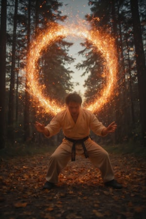 Ryu with his classic white gi projecting a fiery hadouken through a dense forest clearing at dusk. The scene is captured from a low-angle shot, highlighting the intensity in Ryu's eyes. The setting sun casts a golden glow, creating dynamic shadows on Ryu's muscular frame, with fiery embers emphasizing the power of the hadouken. The background features tall trees and falling leaves, all blurred to accentuate Ryu's movement. The twilight sky enhances the overall sense of mystique.,cip4rf,Magicallights,divinelights,Midjourney_Whisper