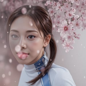 The background is a soft, blurred garden scene with cherry blossoms gently falling, adding a serene and graceful atmosphere. The lighting is soft and natural, highlighting her elegance and beauty, harnessgag,((((she wearing a smooth blue harnessgag)))),close up photo of he face,(((front_view)))