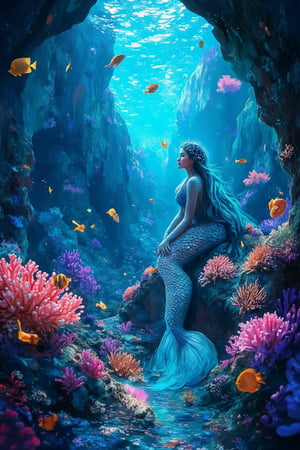 A detailed and fantastical underwater scene of a mermaid's lair inside an enclosed cave. The mermaid, with flowing hair and iridescent blue and gold scales, is seated gracefully on a smooth rock, surrounded by clusters of shimmering pearls and open oysters. Vibrant coral formations emit a soft bioluminescent glow, casting a gentle light on her serene face. Various colorful fish swim gracefully around the cave, adding life to the scene. Dappled sunlight filters through openings above, creating a mystical atmosphere. The cave's rocky walls are adorned with delicate sea plants, while the rich oceanic blues, coral pinks, and emerald greens create a magical and serene ambiance,Midnight Bloom,Crystal Mysticism