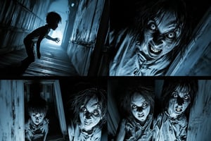 A manga-style multiple-frame comic page featuring a young boy who is suddenly and terrifyingly jumpscared by a horrifying Pontianak figure. In the first few frames, the boy is cautiously exploring a dark, shadow-filled room. As he turns, the Pontianak, with wild hair and soulless, haunting eyes, appears in a close-up frame directly behind him, its ghastly face almost emerging from the shadows. The boy's reaction escalates over several frames, from shock to extreme horror, with his eyes wide and mouth agape in a silent scream. The panels are dark, with intense shadows and high contrast emphasizing the unsettling tension, capturing the boy's raw terror in each frame. Dramatic lighting throws sharp highlights and dark shadows, adding depth to the chilling atmosphere and drawing focus to the boy's expression and the eerie figure of the Pontianak looming in the darkness,Kuntilanak,MangaPanel,80horror