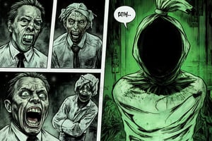 A multiple-frame comic page of startled office workers in an old, eerie office setting. In the first few frames, the officemen appear tense and on edge, glancing around suspiciously. Suddenly, in a highlight frame, a jumpy pocong ghost with a greenish, ghastly glow pops up from behind a dusty cubicle. The expressions of the officemen escalate to exaggerated, wide-eyed horror as they recoil and scream. The comic style is vintage, with rough, sketch-like lines, shadow-heavy lighting for suspense, and faded grayscale colors except for the eerie green glow around the pocong. Each panel has a consistent muted color tone with high contrast, capturing the spooky atmosphere,MangaPanel,Pocong,CandyGhost,aidmaabdhr