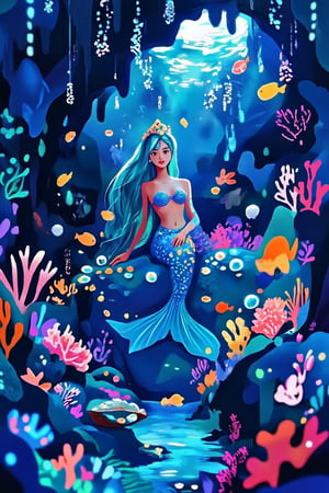 A detailed and fantastical underwater scene of a mermaid's lair inside an enclosed cave. The mermaid, with flowing hair and iridescent blue and gold scales, is seated gracefully on a smooth rock, surrounded by clusters of shimmering pearls and open oysters. Vibrant coral formations emit a soft bioluminescent glow, casting a gentle light on her serene face. Various colorful fish swim gracefully around the cave, adding life to the scene. Dappled sunlight filters through openings above, creating a mystical atmosphere. The cave's rocky walls are adorned with delicate sea plants, while the rich oceanic blues, coral pinks, and emerald greens create a magical and serene ambiance,Midnight Bloom,Crystal Mysticism