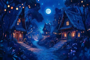 A mystical woodland town hidden deep within a dense forest, captured at midnight under the soft glow of moonlight. The scene is illuminated by lanterns that cast warm, inviting glows against rustic wooden buildings, with silvery beams of moonlight filtering through the thick canopy of trees. A misty atmosphere lingers, creating an ethereal ambiance over the rough textures of the wooden structures and leafy ground. The deep blues of the night blend with the gentle lights, enhancing the mysterious, secluded feel of the midnight town,Midnight Bloom,Crystal Mysticism