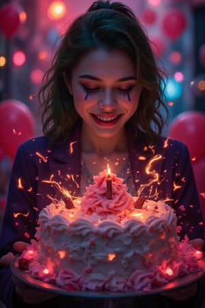 detailed illustration,best quality, masterpiece,  dramatic lighting,  High Definition HD, High Detail, Perfect Composition, mythp0rt,missjoker

Birthday party. (Ballons) in the background, matching the general colours of the picture.
(Portrait of The female Joker on the edible picture of a cake). (The cake has an edible photography of the female joker).
Oddly, the cake seems to be smiling itself.
It's a magical cake that brims with energy.

It's the female Joker's Birthday party and she celebrates it with a (Mummy):0.8, and his (black cat):0.8. 
She is very beautiful and cute, but still crazy. detailed illustration,best quality, masterpiece,  dramatic lighting,  High Definition HD, High Detail, Perfect Composition, mythp0rt,missjoker

Birthday party. (Ballons) in the background, matching the general colours of the picture.
(Portrait of The female Joker on the edible picture of a cake). (The cake has an edible photography of the female joker).
Oddly, the cake seems to be smiling itself.
It's a magical cake that brims with energy.

It's the female Joker's Birthday party and she celebrates it with a (Mummy):0.8, and his (black cat):0.8. 
She is very beautiful and cute, but still crazy. She is colourfully painted around her eyes and on her nose. 
It's a (supernatural):0.8 communion.

Magicallights,divinelights
It's a (supernatural):0.8 communion.

Magicallights,divinelights