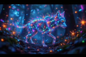 X-Ray Skeleton with Prismatic Aura and Wolf Spirit prowling through a mystical neon forest at twilight. The scene is captured from a mid-distance, wide-angle shot, highlighting the fusion of the skeleton's glowing bones, the prismatic colors swirling around it, and the ethereal wolf spirit moving alongside. Soft, ethereal lighting creates refracted rainbow-like effects on the skeleton’s surface, with a faint glow emphasizing the wolf's spectral form as it blends into the surroundings. The background features towering trees with bioluminescent flora and neon mist, all blurred to accentuate the fluid, spectral movement. The twilight sky, filled with distant stars, enhances the mystical and futuristic atmosphere.
(1.6-1) d S = δ Q rev T::0.8 X-Ray Skeleton::0.8 Prism Aura::0.8 Wolf Spirit --s 50,XRayVision,SkeletonSpectrum,10xRFBoost,PrismKaleidoscope