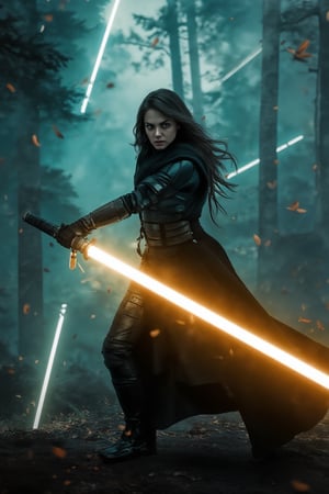 An enraged female Sith Lord with a shadowy demonic aura executes an intense offensive lightsaber strike through a dense forest at dawn. The scene is captured from a bird's-eye view, highlighting the swirling energy around her. Soft morning light creates subtle reflections on the Sith Lord's armor, with falling leaves emphasizing the speed of her movement. The background features towering trees and fog, all blurred to accentuate the Sith Lord's movement. The rising sun enhances the overall dramatic atmosphere.,volcanicsword,Lightsaberpose,Lightsaberweapon