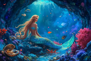 A detailed and fantastical underwater scene of a mermaid's lair inside an enclosed cave. The mermaid, with flowing hair and iridescent blue and gold scales, is seated gracefully on a smooth rock, surrounded by clusters of shimmering pearls and open oysters. Vibrant coral formations emit a soft bioluminescent glow, casting a gentle light on her serene face. Various colorful fish swim gracefully around the cave, adding life to the scene. Dappled sunlight filters through openings above, creating a mystical atmosphere. The cave's rocky walls are adorned with delicate sea plants, while the rich oceanic blues, coral pinks, and emerald greens create a magical and serene ambiance,Midnight Bloom,Crystal Mysticism