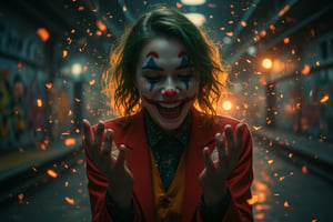 A female joker with sharp, geometric face paint clapping excitedly through a dark, graffiti-covered subway station at dawn.
The scene is captured from a fisheye lens, highlighting her chaotic hand movements and wide grin.
Dim, flickering lights create a gritty effect on the joker’s face, with shadows emphasizing her gleeful gestures.
The background features graffiti-covered walls and distant train lights, all blurred to accentuate the joker’s euphoric clapping.
The early morning haze enhances the overall underground, rebellious atmosphere.

detailed illustration,best quality, masterpiece,  dramatic lighting,  High Definition HD, High Detail, Perfect Composition, mythp0rt,missjoker

Magicallights,divinelights
It's a (supernatural):0.8 communion.