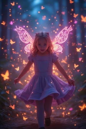 A magical girl with glowing butterfly wings twirling through an enchanted forest at twilight.
The scene is captured from a wide-angle shot, highlighting the gentle movement of her dress as she spins.
Soft purple and gold lighting creates an ethereal glow on the girl's wings, with glittering sparkles emphasizing her graceful movements.
The background features towering trees and floating luminescent flowers, all blurred to accentuate the girl’s whimsical dance.
The darkening sky filled with stars enhances the overall dreamlike atmosphere.
(1.6-1) d S = δ Q rev T::[weight1] magical girl::[weight2] butterfly wings --s [whimsical_fairytale], Magicallights,divinelights,AliceWaifu,blue eyes,blue dress,white pantyhose,apron,black bow,blonde,3d animation style